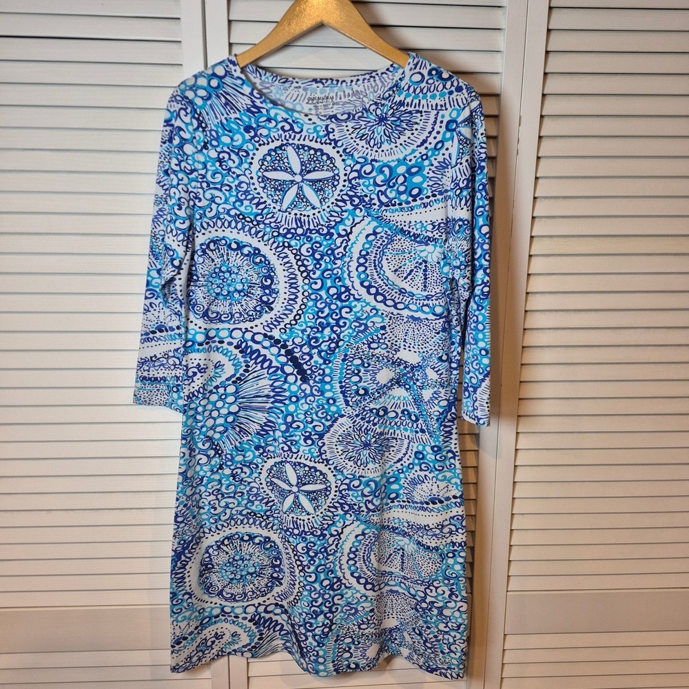 Cape Madras Blue White Sand Dollar Print Long Sleeve Shift Beachy Dress Womens M